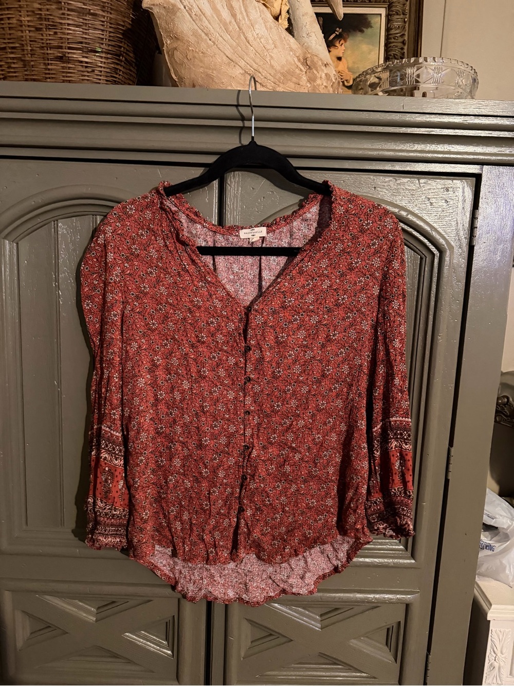 Boho Floral Button-Front Blouse in Rust